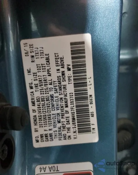 2015 Honda Cr-V Ex из США, поврежденный, VIN 5J6RM4H57FL093703